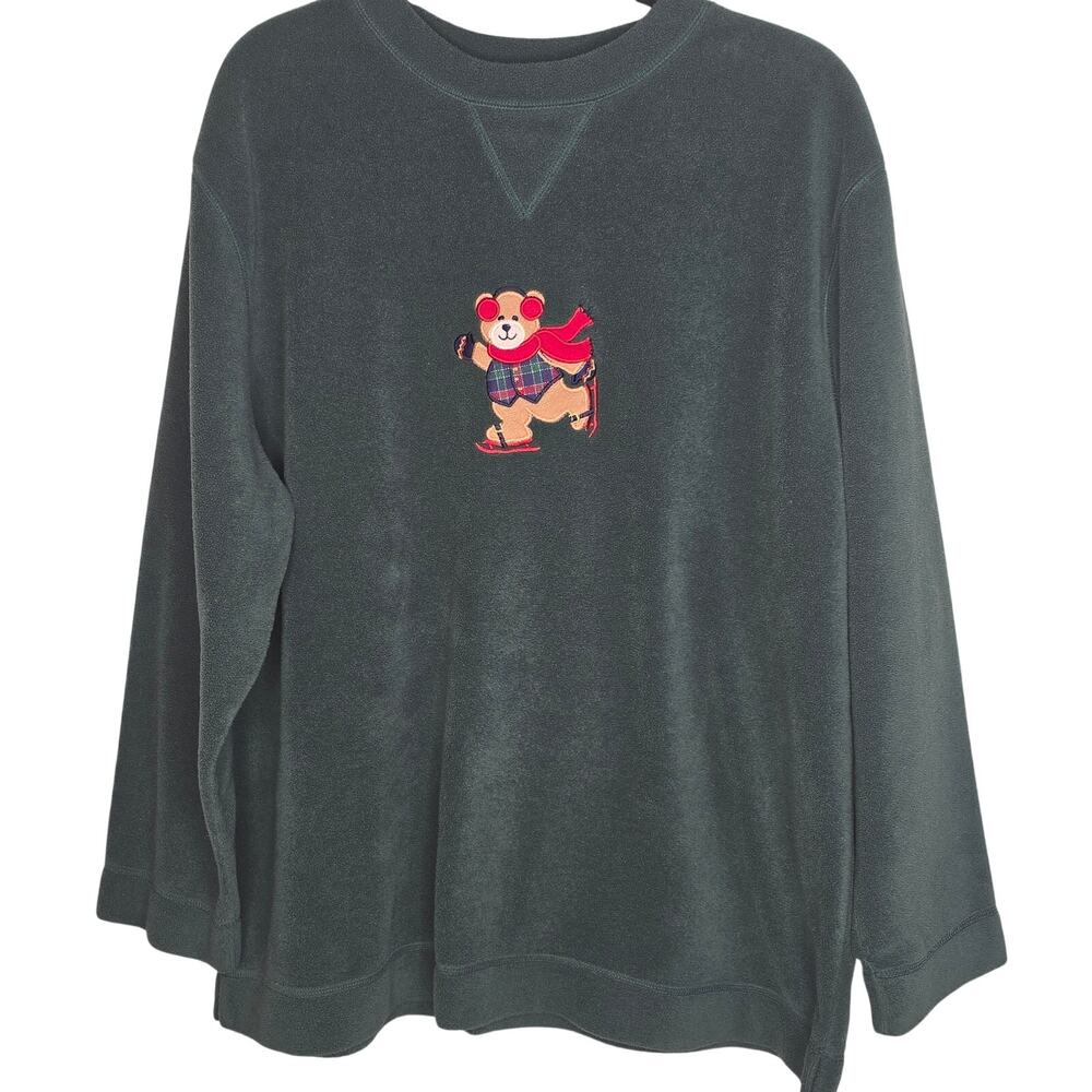 Vintage Karen Scott Green Fleece Pullover Bear Skating Women's Size XL Soft